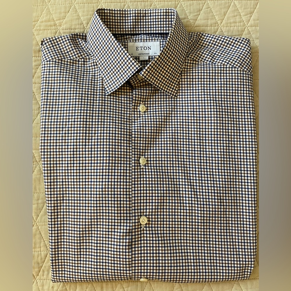 ETON Contemporary Fit Mini Check Print Spread Collar Shirt Size 42/L/16 1/2 $270